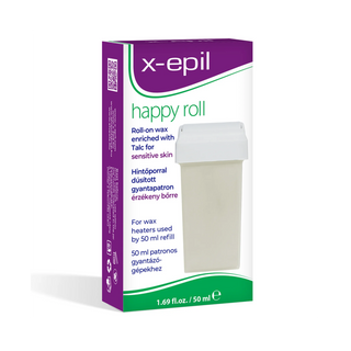 X-epil Happy Roll roll-on wax kit in a 50 ml container, shown in its retail packaging box against a white background.