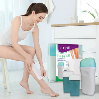 Kit pentru depilare: 1 x incalzitor de ceara, 2 x 50 ml cartuse de ceara cu rola lata, 10 x benzi de hartie, X-Epil