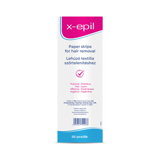 A tall rectangular box of x-epil paper strips for hair removal, shown centered on a plain white background. The packaging is mostly white with a bright pink top section and a blue band at the bottom, plus blue and pink text.