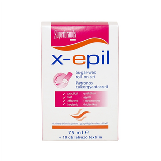 A box of Superbrands x-epil Sugar-wax roll-on set, 75 ml, featuring a white packaging design with pink and orange accents and blue text.