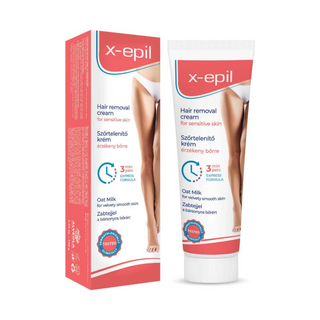 X-epil hair removal cream shown with its retail box and squeeze tube on a plain white background. The packaging features red, white, and blue branding with an image of a woman's legs.