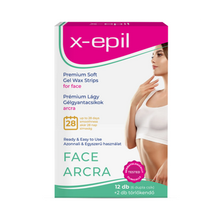 A package of x-epil Face Arcra premium soft gel wax strips, featuring a white and pink box with a model on the front, set against a plain white background.
