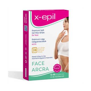 A box of x-epil Face Arcra premium soft gel wax strips, featuring a white and magenta design with a model on the front, set against a plain white background.