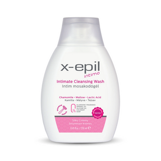 A white plastic bottle of x-epil Intimo Intimate Cleansing Wash with pink and black text, set against a plain white background.