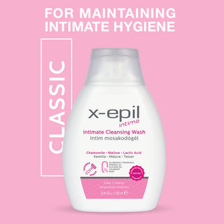 A white bottle of x-epil Intimo Classic Intimate Cleansing Wash with pink accents, centered on a solid pink background with white text reading 'FOR MAINTAINING INTIMATE HYGIENE' and 'CLASSIC'.