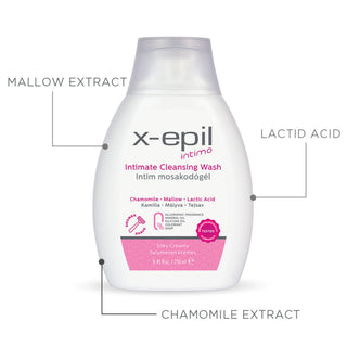 A white bottle of x-epil Intimo Intimate Cleansing Wash with pink and black text, shown on a white background with callout lines pointing to Mallow Extract, Lactid Acid, and Chamomile Extract.
