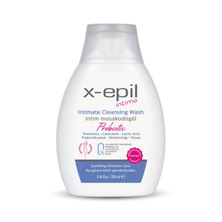 A white plastic bottle of x-epil Intimo Intimate Cleansing Wash with a blue and pink label, shown on a clean white background.