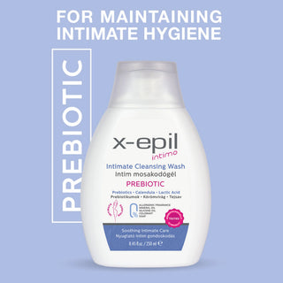 A bottle of x-epil Intimo Prebiotic Intimate Cleansing Wash centered on a light blue background with promotional text reading 'FOR MAINTAINING INTIMATE HYGIENE' and a vertical 'PREBIOTIC' label.