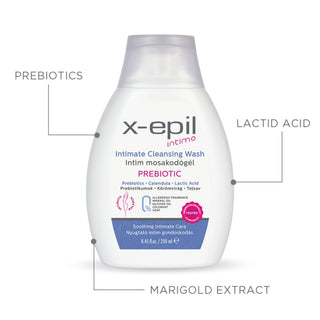 A bottle of x-epil Intimo Intimate Cleansing Wash centered on a white background, with callout lines and text labeling key ingredients: PREBIOTICS, LACTIC ACID, and MARIGOLD EXTRACT.