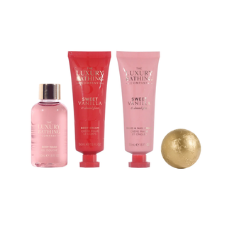 Set cadou Relax & Unwind, Sweet Vanilla & Almond Glaze, 50 ml Crema pentru maini si unghii, 50 ml Crema corp, 50 ml Gel de dus, 25 g Bila de baie & Cutie de metal reutilizabila cu capac, The Luxury Bathing Company