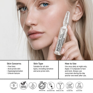 A close-up of a woman holding a clear ampoule bottle labeled ENZYMATIC FREE HYALURONIC ACID 10M. The top portion shows her face and hand, while the bottom has informational text panels about skin concerns, skin type, and how to use the ampoule, with small certification icons along the bottom.