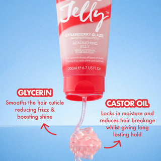 A squeeze tube of Jelly brand Strawberry Glaze Scrunching Jelly is shown against a blue gradient background, with gel dripping from the tube and callout text highlighting ingredients: glycerin and castor oil.