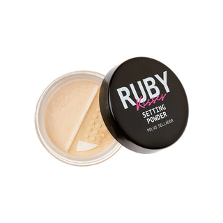 Setting powder container with 'Ruby Kisses' branding on a white background