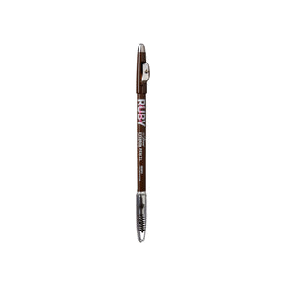 A single brown eyebrow pencil with silver metal accents and pink 'RUBY' text on the barrel, centered on a plain white background.