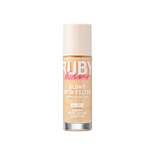 A bottle of Ruby Dream Glowy Skin Filter All-In-1 Primer Highlighter Skin Tint, showing a warm beige liquid through the clear bottle with a cream-colored cap, on a solid white background.