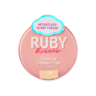 Ruby Kisses Cushion Foundation in shade 120 Classic Ivory, shown in a round pink compact with a light blue cloud sticker that reads 'Weightless Glowy Finish'.