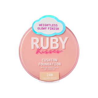 A round pink makeup compact labeled RUBY Kisses Cushion Foundation, shade 240 Golden Beige, on a plain white background.