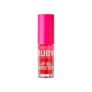 Ruby Kisses lip oil booster with pink cap and red body on a white background