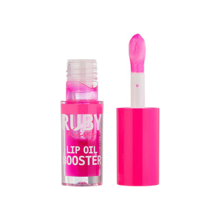 Pink lip oil booster with applicator on a white background