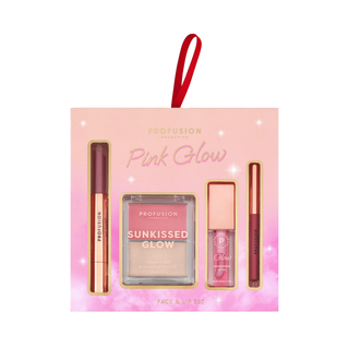 Set pentru machiaj fata si buze - gloss buze, paleta duo blush & iluminator, ulei si creion de buze, Pink Glow, Profusion, 4 articole