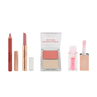 Set pentru machiaj fata si buze - gloss buze, paleta duo blush & iluminator, ulei si creion de buze, Pink Glow, Profusion, 4 articole