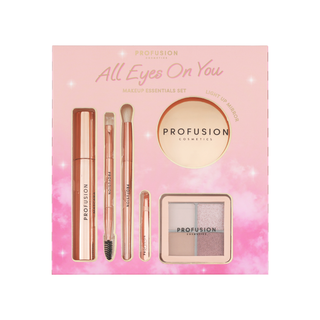 Set pentru machiaj esential - mascara, paleta farduri, 2 pensule, penseta & oglinda cu LED, All Eyes on You, Profusion, 6 articole