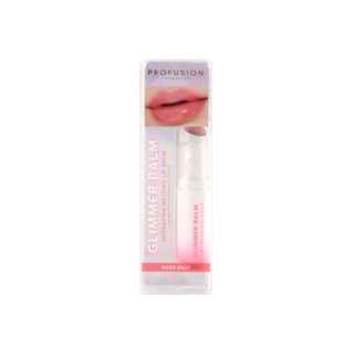 Profusion Cosmetics Glimmer Balm in Nude Melts shade, shown in its clear plastic packaging with a pink and white label and a lip image at the top.