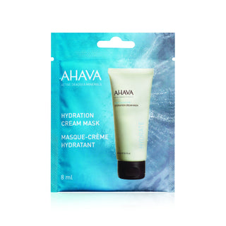 A single AHAVA Hydration Cream Mask 8 ml sample sachet in its blue and teal packaging, featuring a mockup of the light green squeeze tube with a black cap.