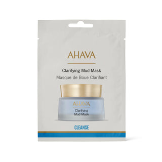 AHAVA Clarifying Mud Mask in a white resealable pouch with a gold and blue design, featuring an image of the mask jar on the front.