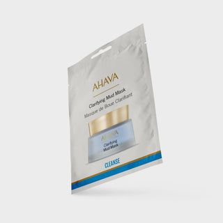 AHAVA Clarifying Mud Mask single-use sachet packaging, featuring a white textured background with a gold and blue logo, and an illustration of the jar on the front.