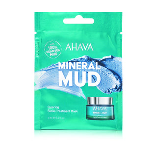 A package of AHAVA Mineral Mud Clearing Facial Treatment Mask in a bright teal-green pouch with a blue sea-slime graphic and a small jar illustration on the front.