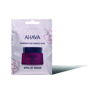 AHAVA Overnight Deep Wrinkle Mask in Apple of Sodom scent, shown in its white and silver foil packaging with a graphic of the purple jar inside.