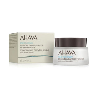AHAVA Time to Hydrate Essential Day Moisturizer for combination skin, shown with its cream jar and matching outer box on a clean white background.