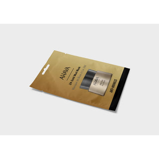 A gold-colored AHAVA 24 Hour Sun Screen Moisturizer pouch with a black side tab, shown on a light gray background.