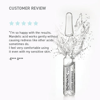 A clear glass ampoule labeled ENZYMATIC PEEL SUPER AMPOULE on a white background with a splash graphic. Left side includes the text 'CUSTOMER REVIEW' with five light blue stars, a customer testimonial quote, and a star rating.
