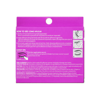 The back of a bright pink lash adhesive card, showing usage instructions in Spanish and English, application steps with illustrations, and expert tips.