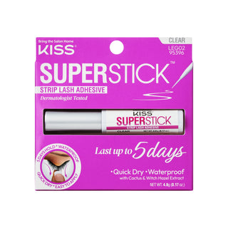 Kiss Superstick Clear Strip Lash Adhesive in its original pink packaging, featuring a clear tube of lash adhesive inside a bright pink box with white and pink text.