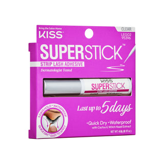 Kiss Superstick Clear Strip Lash Adhesive in its retail packaging, featuring a bright magenta box with white and silver text and a clear window showing the tube inside.