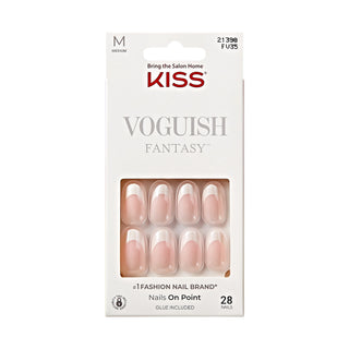 Kiss Voghuish Fantasy medium press-on nail set in a white cardboard package with a clear window showing the nude pink nails.
