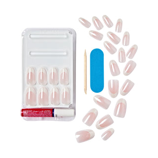 Press-on nails kit with a clear plastic tray of nude pink press-on nails, a blue nail file, a wooden nail tool, and several loose matching press-on nails arranged on a white background.