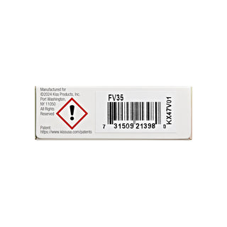 A white rectangular product box shown from the side, featuring a barcode, the text 'FV35', a red hazard diamond symbol with an exclamation mark, and manufacturer details for Kisa Products, Inc.