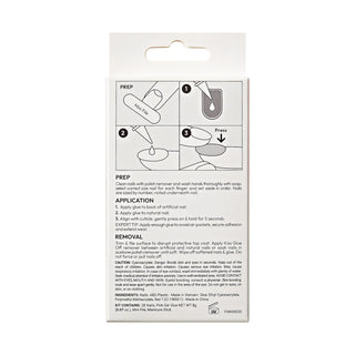 The back of a white retail package for a nail prep kit, showing three illustrated steps for preparation and application, plus product details and ingredients.