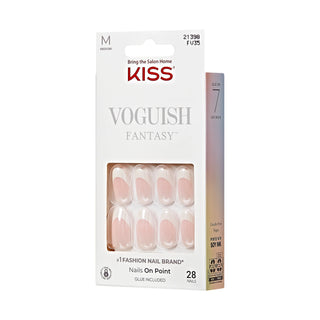 Kiss VOGUISH Fantasy press-on nails in a white retail box, showing nude pink and clear nails with a gradient sleeve color code of M 21393 FU35.