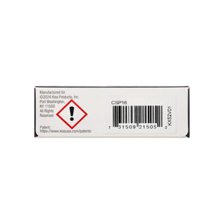 The back of a white rectangular product box showing a barcode, product code CSP16, manufacturer text, and a red hazard warning symbol on a white background.