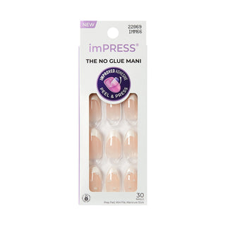 Pack of imPRESS 'The No Glue Mani' press-on nails, featuring 30 nude beige nails in a white and purple retail box.