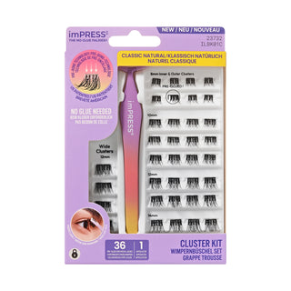 imPRESS Classic Natural Cluster Kit containing 36 false eyelash clusters in three sizes (10mm, 13mm, 15mm) with a pink-to-yellow gradient applicator tool, in its original purple and yellow packaging.