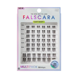 Falscara Soft Wispy Multipack false eyelash clusters in a 50-wisp multipack, packaged in a white card with pink and blue borders.