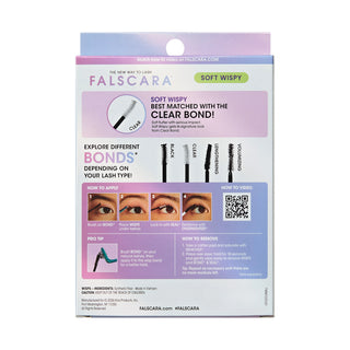 Falscara Soft Wispy lash bond kit retail packaging, featuring a white box with pastel pink, purple, and blue sections, showing lash brush and brow/eyelash applicator illustrations and step-by-step application instructions.