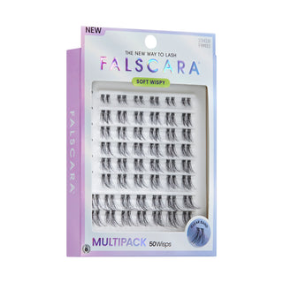 Falscara Soft Wispy lash multipack in a lavender and white box, containing 50 pairs of false eyelashes.