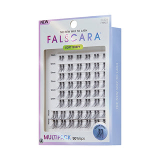 Falscara Soft Wispy Multipack false eyelash cluster pack in a light blue and white cardboard box, containing 50 wispy 8mm clusters.